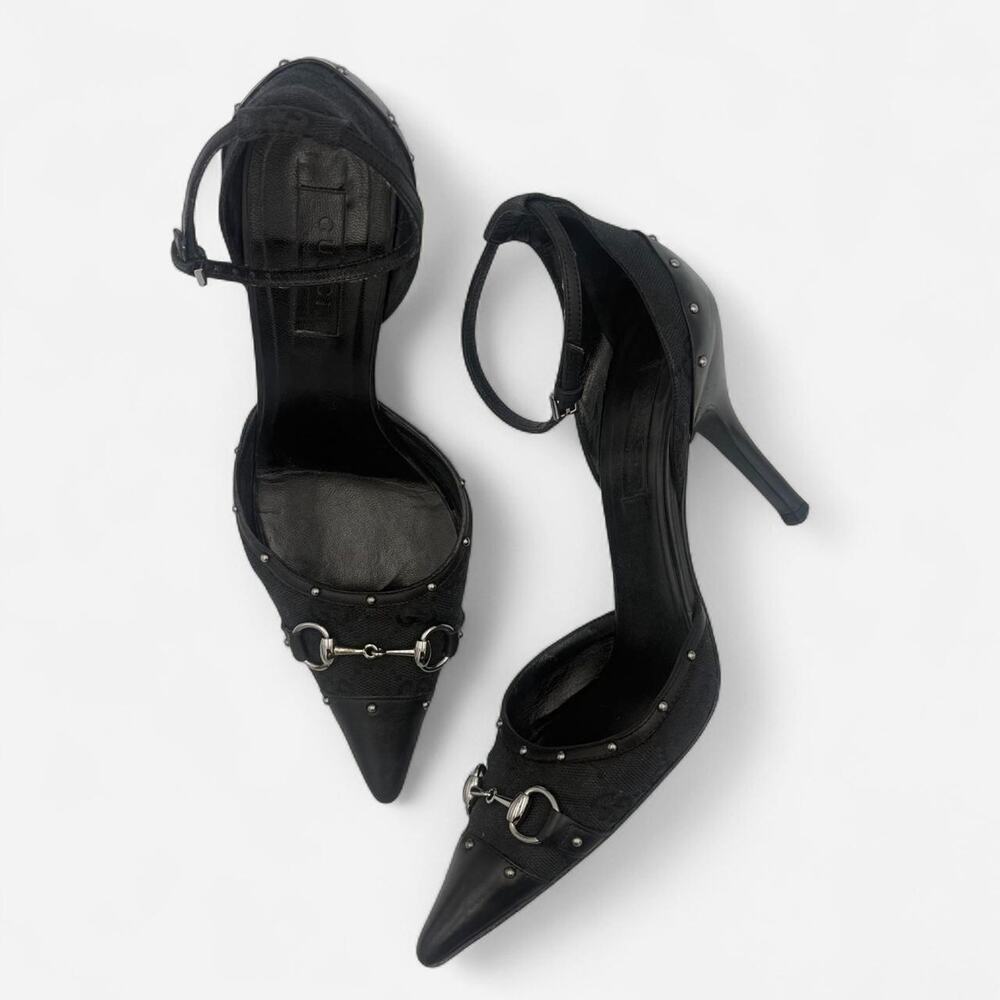 Vintage Gucci Monogram Horse bit Heels with Black Leather Cap Toe and Studs